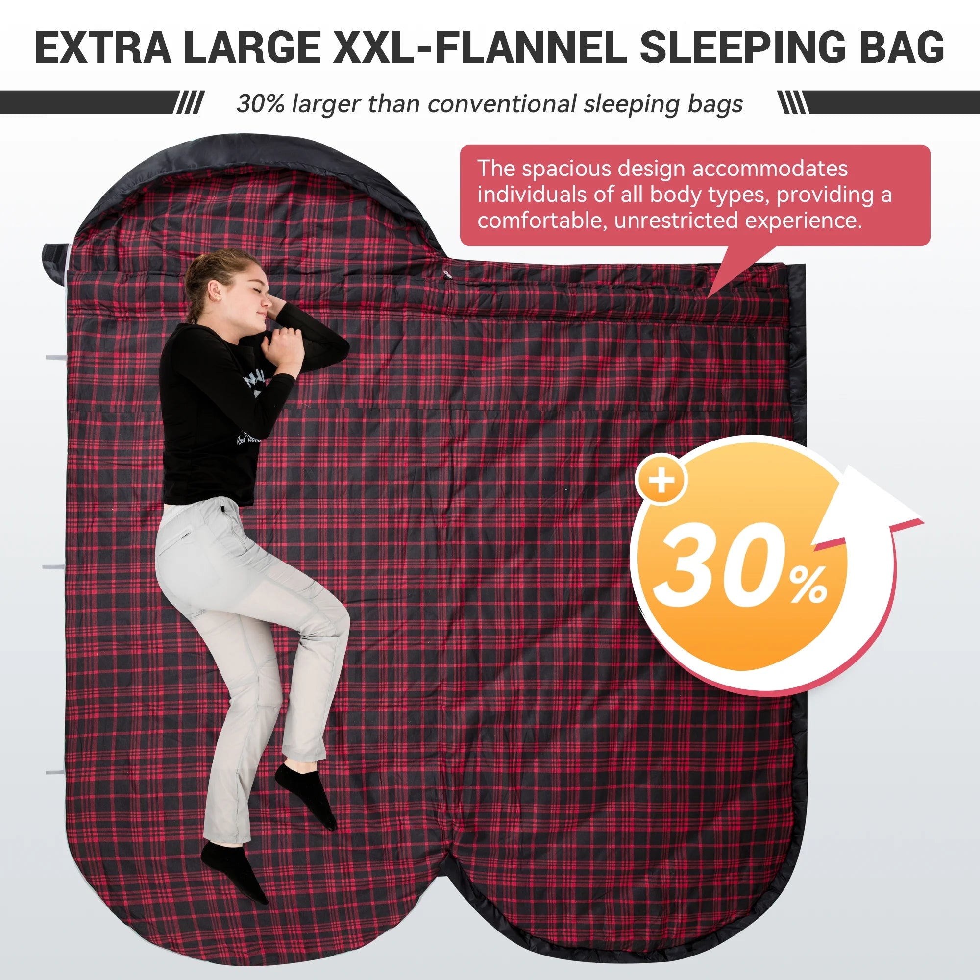 XL Cotton Flannel Sleeping Bags, Oversized Weatherproof 3-Season Sleep Bag with Hood for Camping & Hiking & Backpacking, 17.6℉-54℉ (Black)